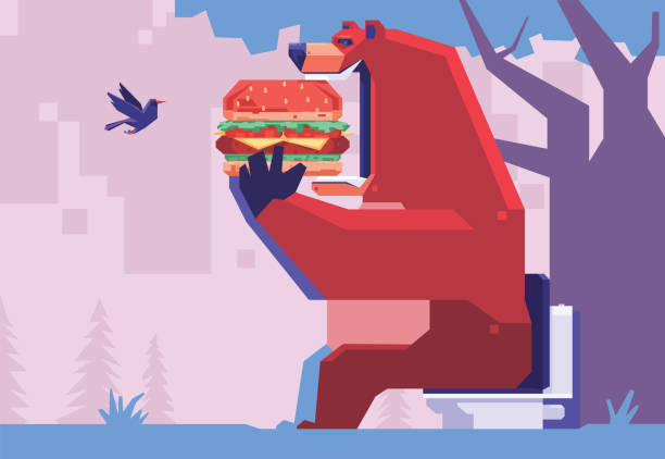 ilustraciones, imágenes clip art, dibujos animados e iconos de stock de oso sentado en la taza del inodoro y comiendo hamburguesa - waterbirds