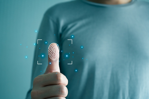 Fingerprint scanning and biometric authentication, cybersecurity and fingerprint password, Future Technology. Business Technology Safety Internet Network Concept.