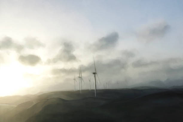 illustration of a landscape with wind turbines, ecological transition concept vector art illustration