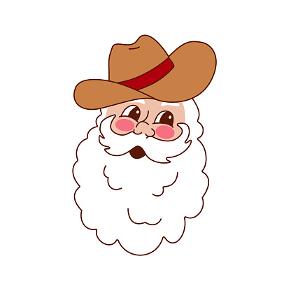 Howdy Christmas retro vintage Santa Claus with cowboy hat. Groovy Santa in 70s style. Vector illustration for holidays postcard, invitation, sticker, t-shirt