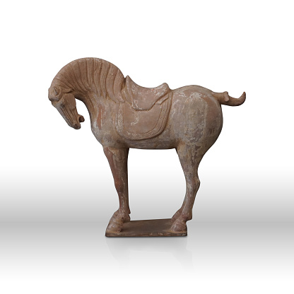 side view antique brown clay horse stand on white background, decor, animal, gift, banner, template, copy space