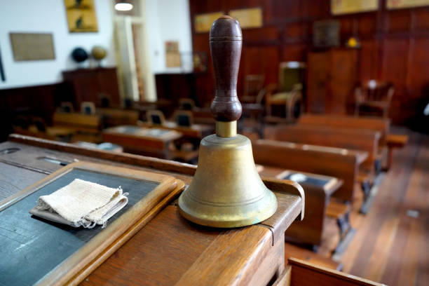 Old historical classroom with wooden desks and chalkboards