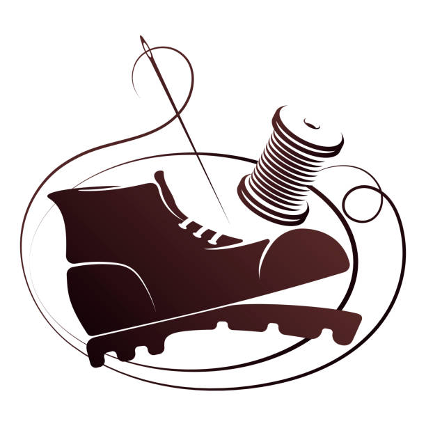 Shoe repair and tailoring symbol for shoemaker Shoe spool of thread and needle. Repair tailoring shoes symbol for shoemaker shoemaker stock illustrations