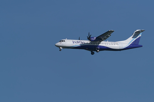 Mangalore, India - 3rd January, 2019: An Indigo Airlines flight landing at Mangalore International Airport.