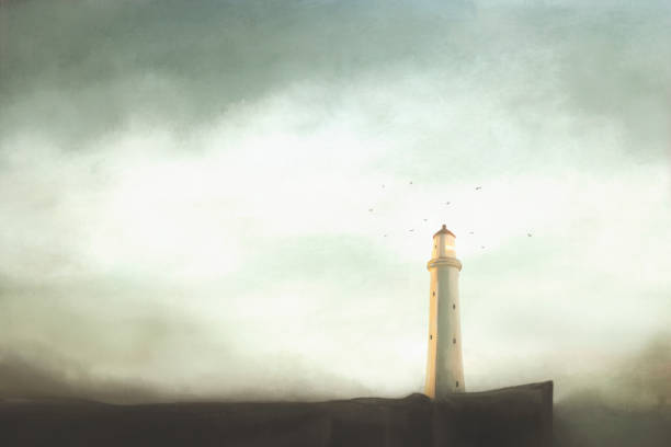 the light of a desolate lighthouse is a symbol of guidance, safety, hope, altruism, strength vector art illustration