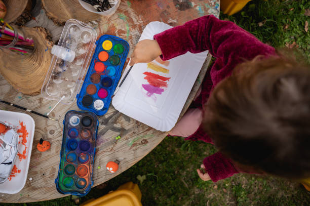 istock child painting during lesson outdoors. 1437224679