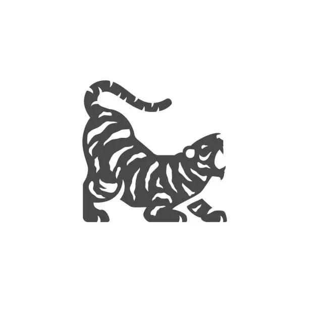 Vector illustration of Wild tiger roaring striped creature jungle wild animal monochrome icon vector illustration