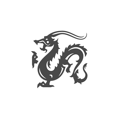 Dragon Asian mythology monster Oriental horoscope prosperity monochrome icon vector illustration. Reptile monster dinosaur ancient creature beast minimalist black silhouette insignia mascot