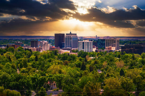 Dramatic sunset over Boise skyline in Idaho, viewed from Camel's Back Park.