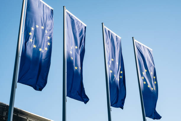 istock Row of European union flags on a roof 1437227574
