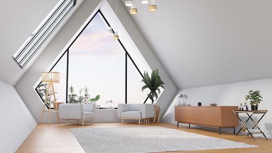 Modern Triangle Shaped Living Room Design. 3D Render