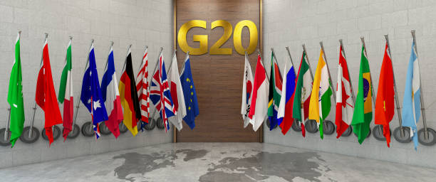 G20 Summit Concept.  Country Flags of Members of G20 stock photo