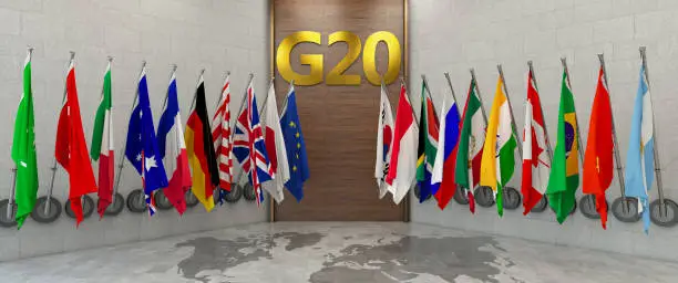 G20 summit or meeting concept. Row from flags of members of G20. 3D Render