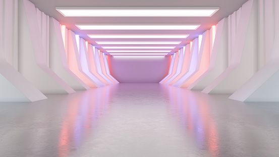 Abstract White Corridor with Purple Lights. 3D Render