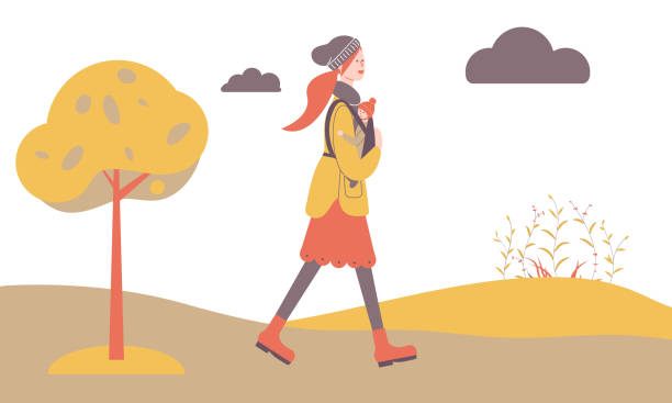 ilustraciones, imágenes clip art, dibujos animados e iconos de stock de feliz madre en otoño caminando con recién nacido en mochila canguro - young animal mother kangaroo family
