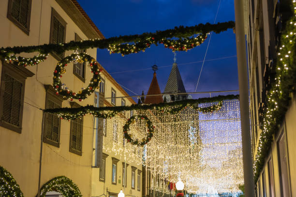 Lots of Christmas decorations with lights hanging over the streets from house to house and a dark sky in background.