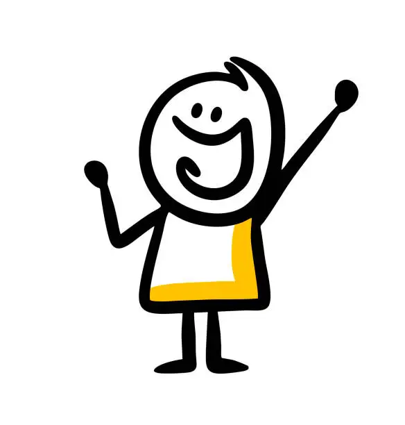 Vector illustration of Happy doodle character raise hand in victory sign.