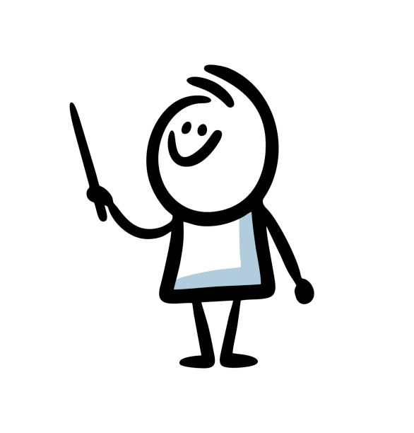 stockillustraties, clipart, cartoons en iconen met smiling teacher shows information to the students with pointer. - universitair docent