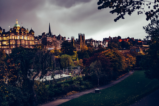 View across Princes Street Gardens towards the old town at Market Street in the city of Edinburgh, Scotland.