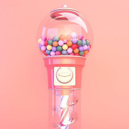 A pink vintage gumball dispensing machine filled with multicolored gumballs in a peach colored room interior  - 3D render