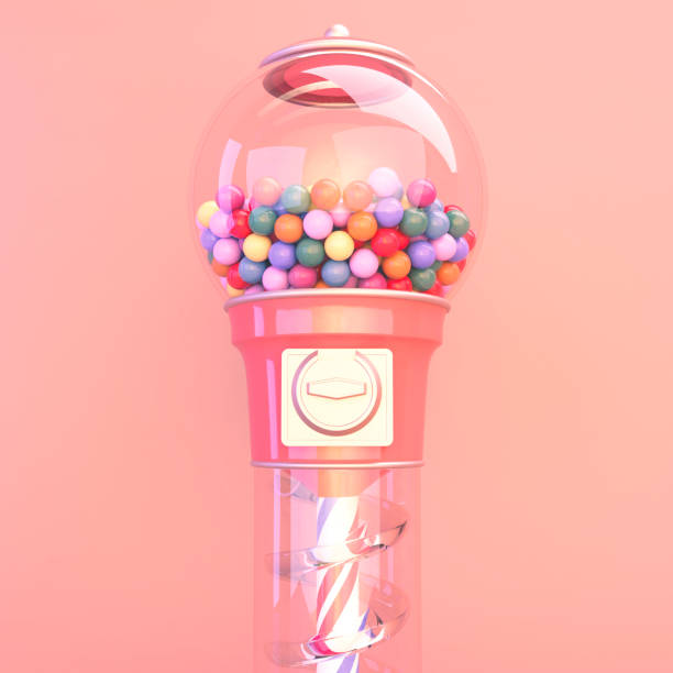 Gumball Dispenser Pink Room A pink vintage gumball dispensing machine filled with multicolored gumballs in a peach colored room interior  - 3D render gumball machine stock pictures, royalty-free photos & images