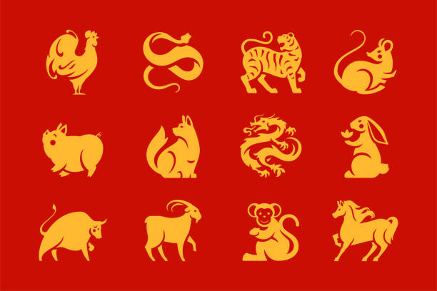 ilustraciones, imágenes clip art, dibujos animados e iconos de stock de china año nuevo horóscopo asiático animales símbolos dorados icono conjunto vector ilustración plana - year of snake