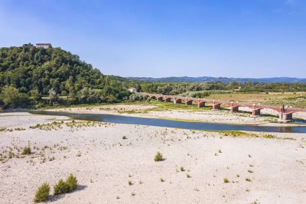 Unprecedented drought in the Po River due to long lack of rainfall. Verrua Savoia, Italy