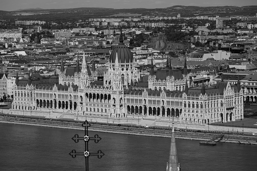 The high-angle grayscale of the Hungarian parliament building