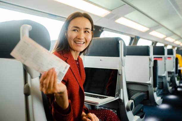 Portrait of an Asian businesswoman in a train showing the ticket stock photo