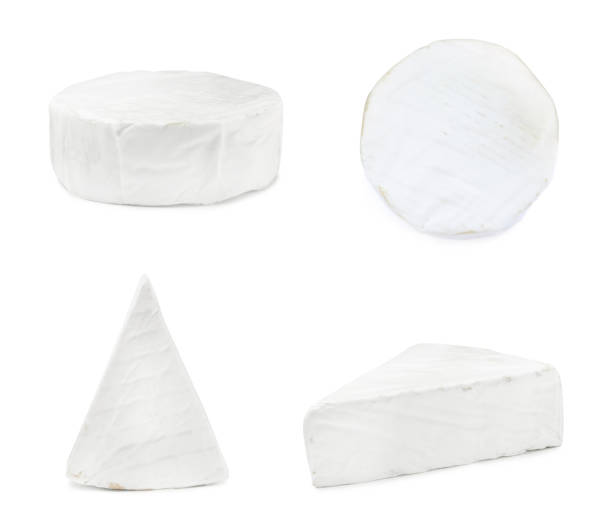istock Set with tasty brie cheese on white background 1437238404