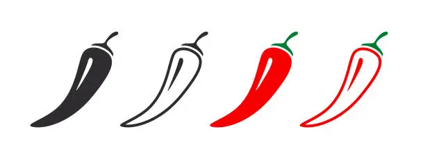 Vector illustration of Hot natural chili pepper symbols. Set of red spicy chili peppers. Spicy and hot. Vector illustration