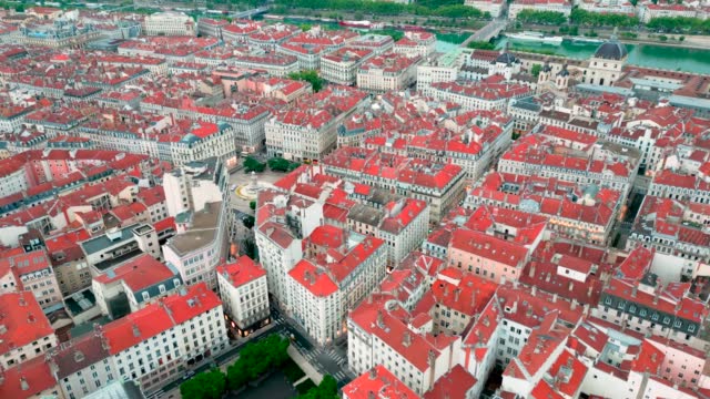 Aerial view of downtown buildings near the canal in Lyon, France