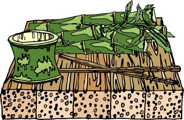 ilustracja bambusowego zestawu żywności i pędów bambusa na tacy. bambus, bambusowe kubki i patyczki, wegańska naturalna żywność, gotowa do użycia, eps. dla twojego projektu - bamboo shoot bamboo japanese culture paintings stock illustrations