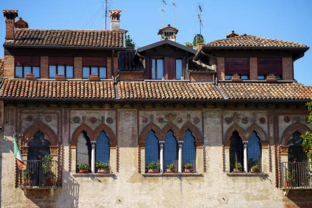 Treviso, Italy - July 6, 2022: Exterior of historic buildings in Treviso, Veneto, Italy