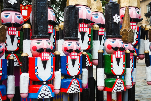 Variety of traditional wooden Nutcracker soldiers figurines, Christmas decoration sold in the market