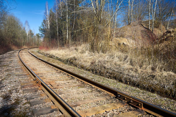 istock Railway track in the spring forest with blue sky with railway drainage system rail construction. Rail trackside drainage. Drainage channels of railway. 1437246853