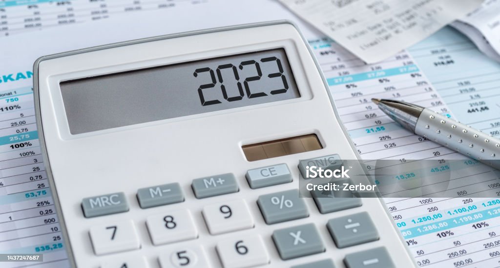 A calculator with the 2023 on the display Tax Stock Photo