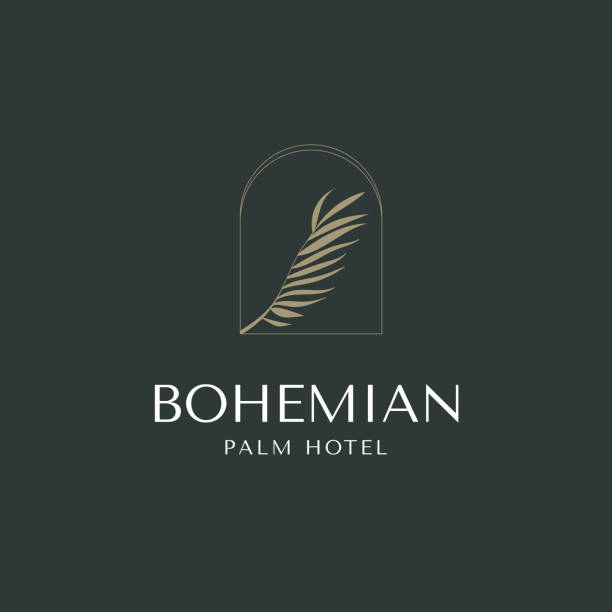 ilustraciones, imágenes clip art, dibujos animados e iconos de stock de icono vectorial del logotipo de oro de la palmera. - lugar turístico