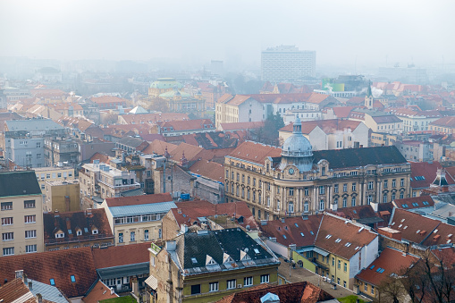 High angle view on buildings and rooftops, Zagreb cityscape on a winter day