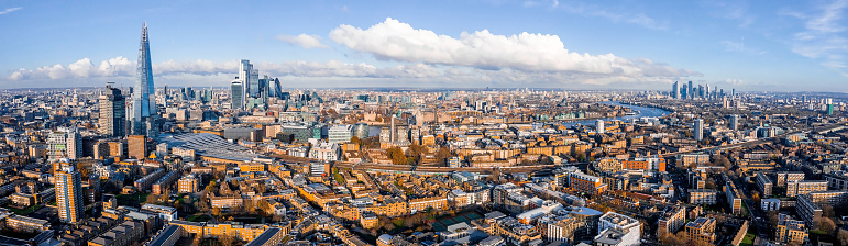 An aerial panoramic view of London with modern skyscrapers