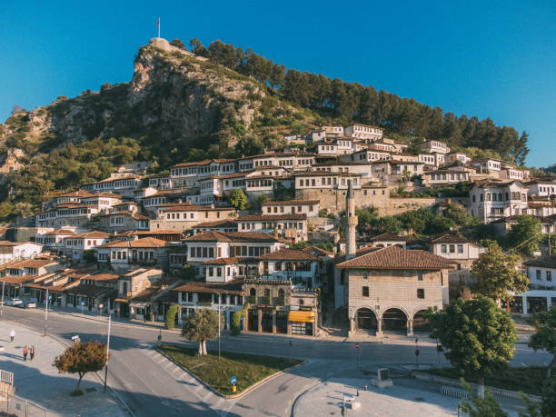 istock Berati skyline townscape from drone 1437249645