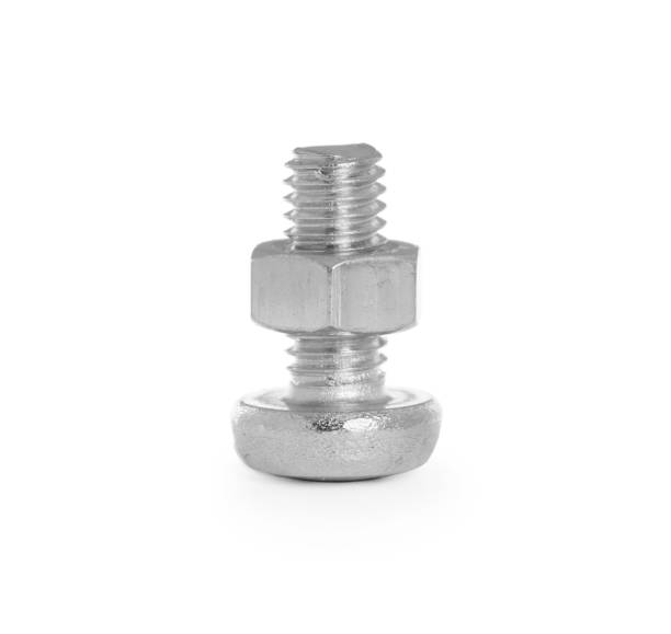 istock Small metal bolt with hex nut isolated on white 1437250396