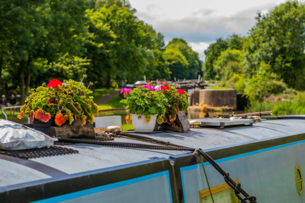 A scenic view of a small canal with lock function and a wooden bridge, surrounded by lush greenery and flowers, leading to modern buildings in the background under a clear blue sky.