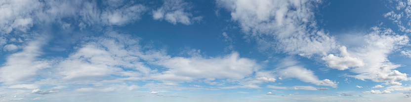 A panoramic skyscape with various clouds on a summer day.