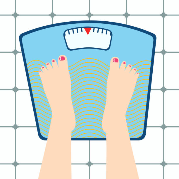 illustrazioni stock, clip art, cartoni animati e icone di tendenza di piedi umani con le unghie rosse in piedi su una scala - emaciated weight scale dieting overweight