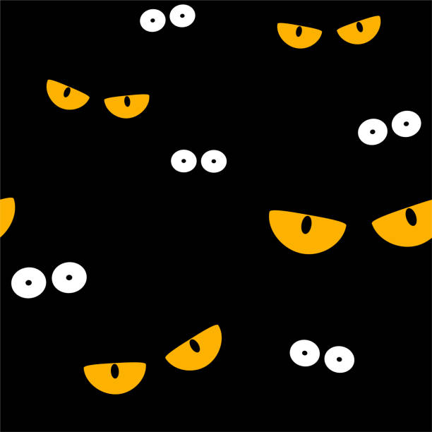 dziwne przerażające oczy w ciemnym halloweenowym bezszwowym wzorze wektorowym. druk do owijania - yellow eyes stock illustrations