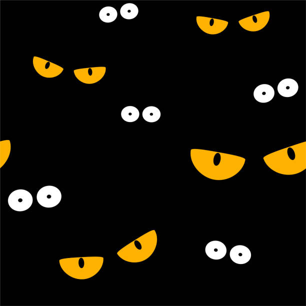 ilustrações, clipart, desenhos animados e ícones de estranhos olhos assustadores no padrão vetorial escuro do halloween. imprimir para embrulhar - olhos amarelos