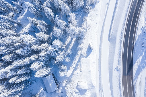 An aerial shot of a forest with trees covered in snow and a two-lane road on the side