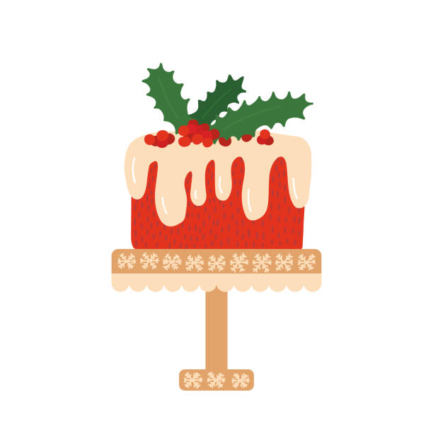 Vector cartoon Christmas cake Christmas cake with holly berry and mistletoe decor. Vector flat Christmas cake isolated christmas cake stock illustrations