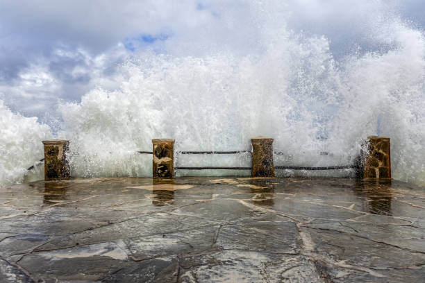 Breaking tidal waves on the beach promenade
